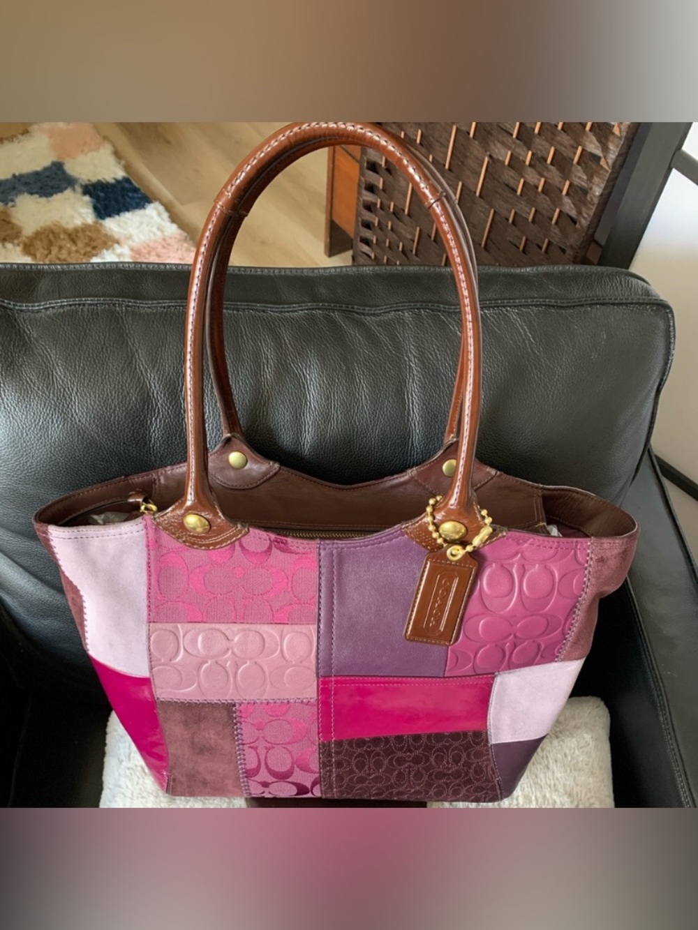 Rare 2009 Legacy Bleeker Purple Multi with Brown Patent Leather Trim Tote